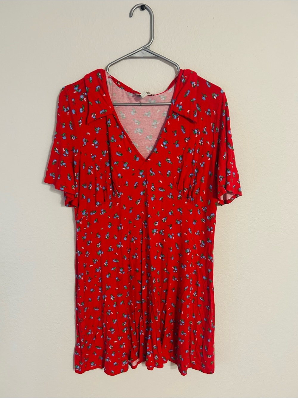 ASOS Red Floral V-Neck Dress with Blue and White Flowers